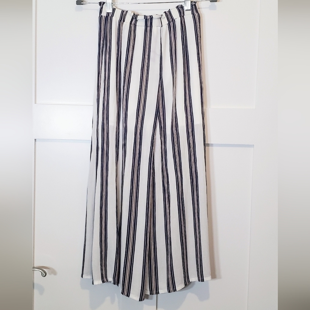 Simplee Viscose 100% Pants Wide Leg Striped Split Thigh High Tie Waist Sz Small - Picture 10 of 10